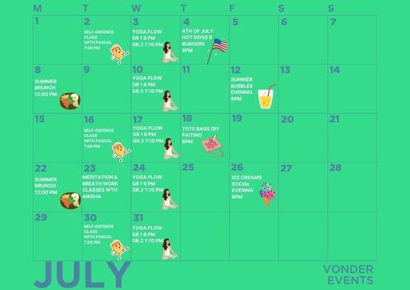 Vonder Co-Living Space July Calendar